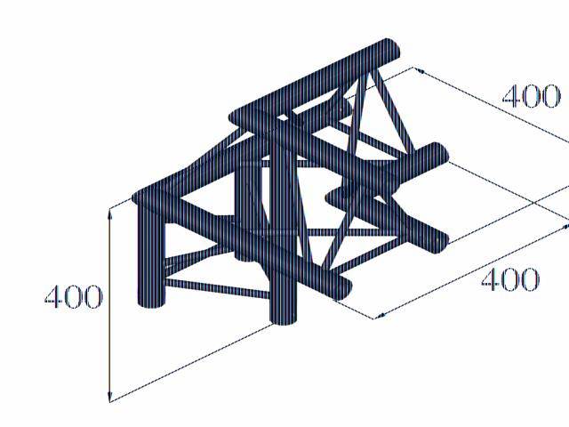 Technický výkres trojrozmernej konštrukcie s rozmermi 400x400x400, pozostávajúcej z navzájom prepojených nosníkov.