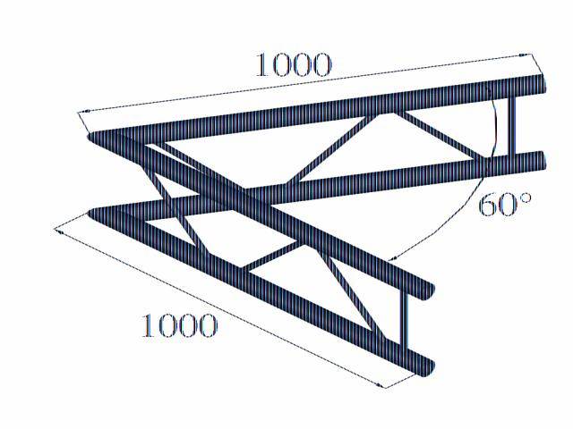 Diagram tesárskeho rámu s dvoma rovnobežnými horizontálnymi trámami, spojenými diagonálnymi vzperami v uhle 60°. Rozmery: 1000 mm.