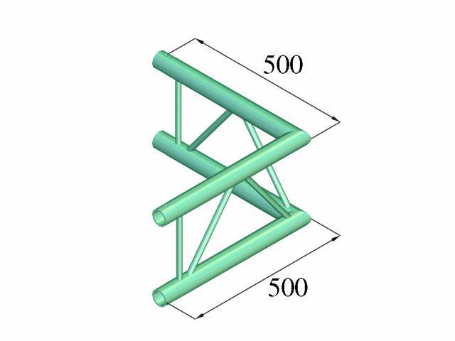 3D model zelenej kovovej štruktúry v obdĺžnikovom tvare s diagonálnymi výstužami. Rozmery: 500 x 500.