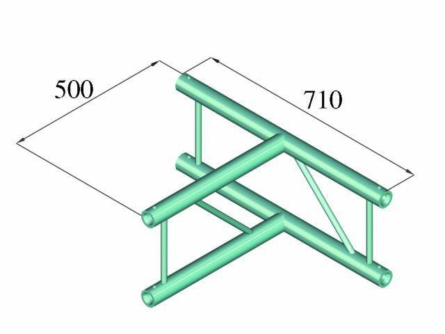 3D zobrazenie kovovej štruktúry s dvoma veľkými rúrami. Rozmery: dĺžka 710 mm, šírka 500 mm. Výstuha je umiestnená diagonálne.