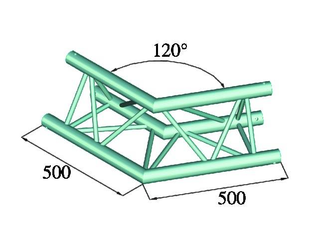 3D diagram zeleného oceľového nosníka s uhlovými prvkami, zobrazujúci uhol 120 stupňov a šírku 500 mm.