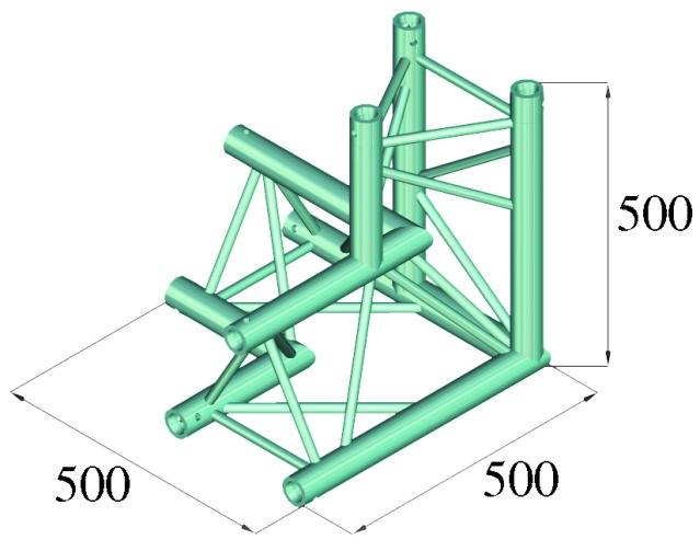'3D-rendering kubického priestorového rámu zo zelených trubíc so štvorcovou základňou, rozmery 500x500x500 mm.'