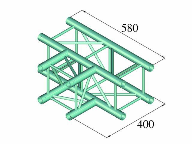 Trojrozmerný model zelenej oceľovej konštrukcie s rúrami, spevnenej priečnymi výstuhami. Rozmery: 580 x 400 jednotiek.