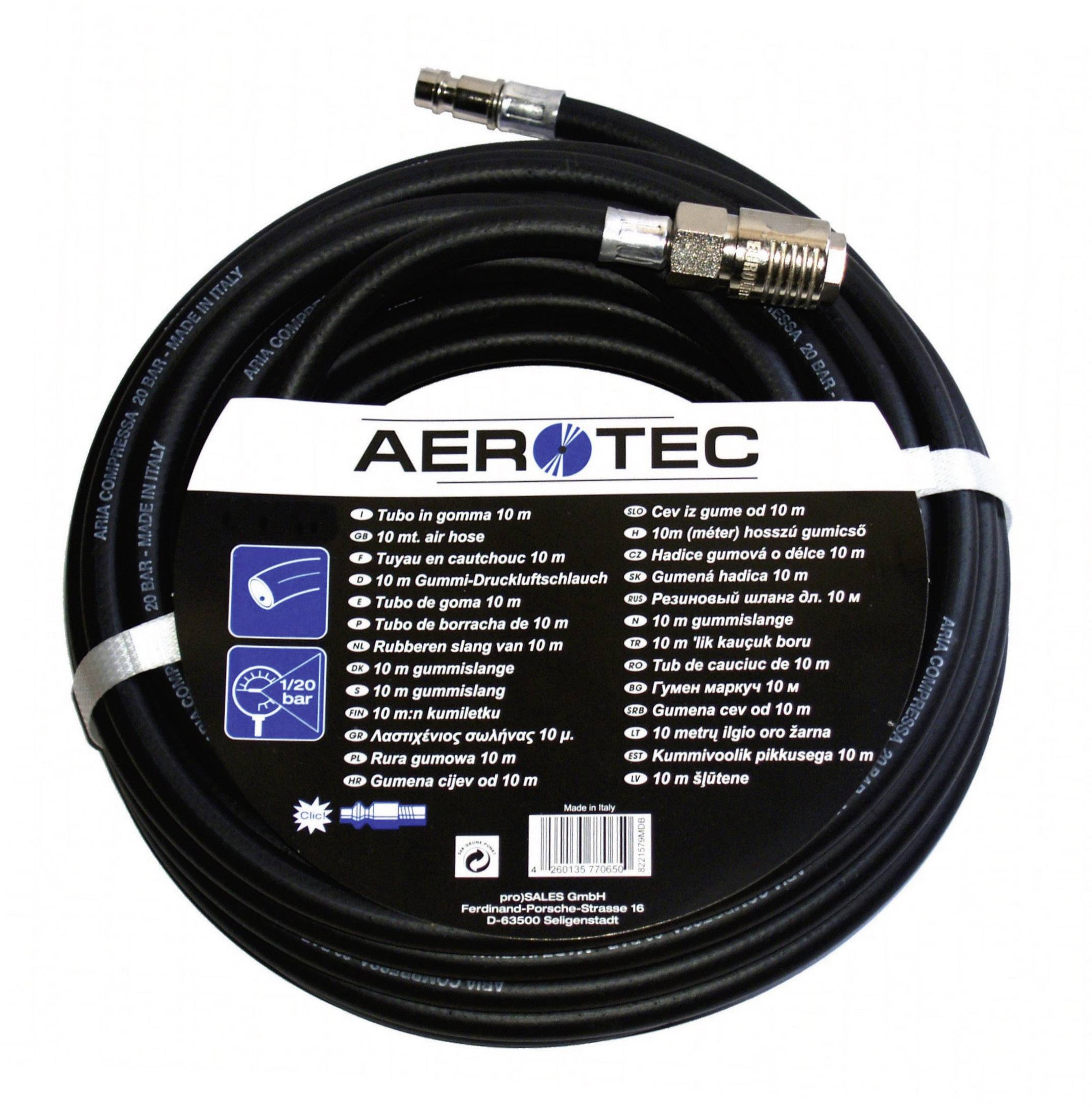 Čierny gumený pneumatický hadice 'AEROTEC' navinutý, 10 m dlhý. Vhodný pre tlak 20 barov. Balenie zobrazuje produktové informácie vo viacerých jazykoch.