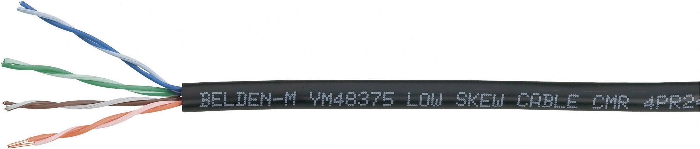 Kábel s nápisom "BELDEN-M YM488375 LOW SKEW CABLE CMR". Niekoľko skrútených žíl v rôznych farbách je viditeľných.