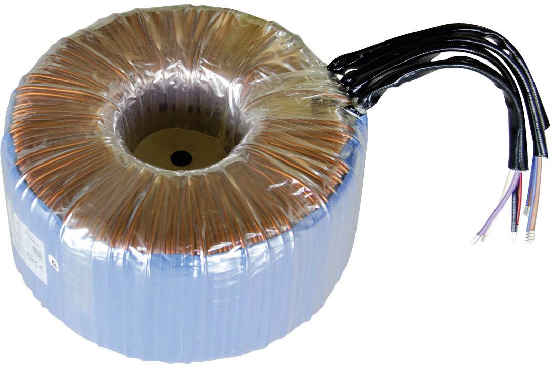 Toroidný transformátor s medenými vinutiami a viacerými vyčnievajúcimi káblami pre elektrické aplikácie.