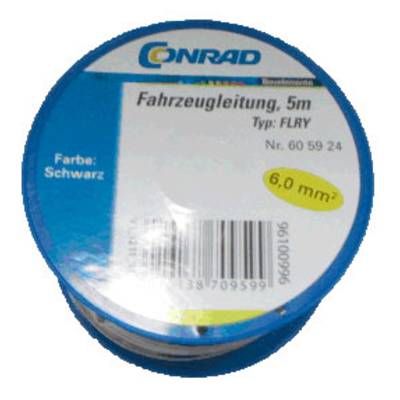 '5m Vozidlový kábel, Typ: FLRY, Farba: Čierna, 6,0 mm², Značkový štítok Conrad' zobrazený na modrom pozadí.