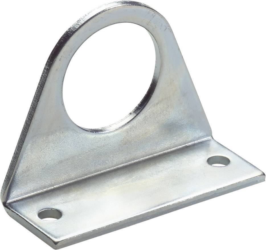 Kovový uholník so zaoblenými otvormi hore, dvoma spodnými upevňovacími otvormi a skoseným okrajom. Vhodný na stabilné ukotvenie.