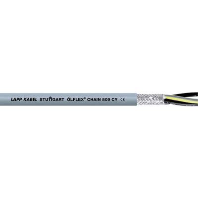 Sivý priemyselný kábel s nápisom 'Lapp Kabel Stuttgart, Ölflex Chain 809 CY', zobrazuje drôtové tienenie a izolácie v čiernej a žltej farbe.
