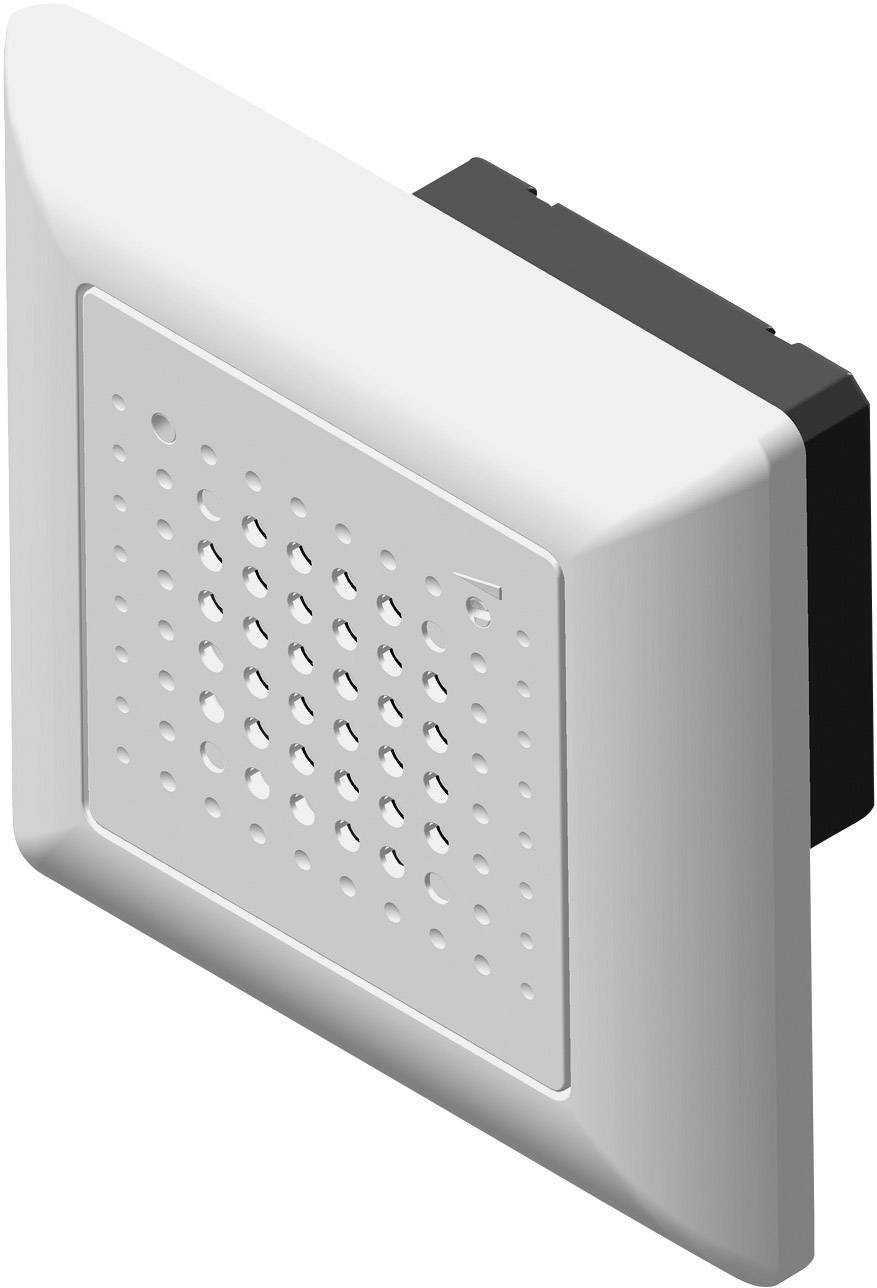 Biely ventilačný kryt do steny so štvorcovým dizajnom a malými kruhovými otvormi, vhodný do interiérov.