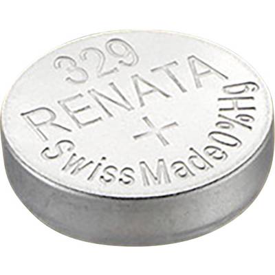 Strieborná gombíková batéria s gravírovaným nápisom 'RENATA 329' a 'Swiss Made'.