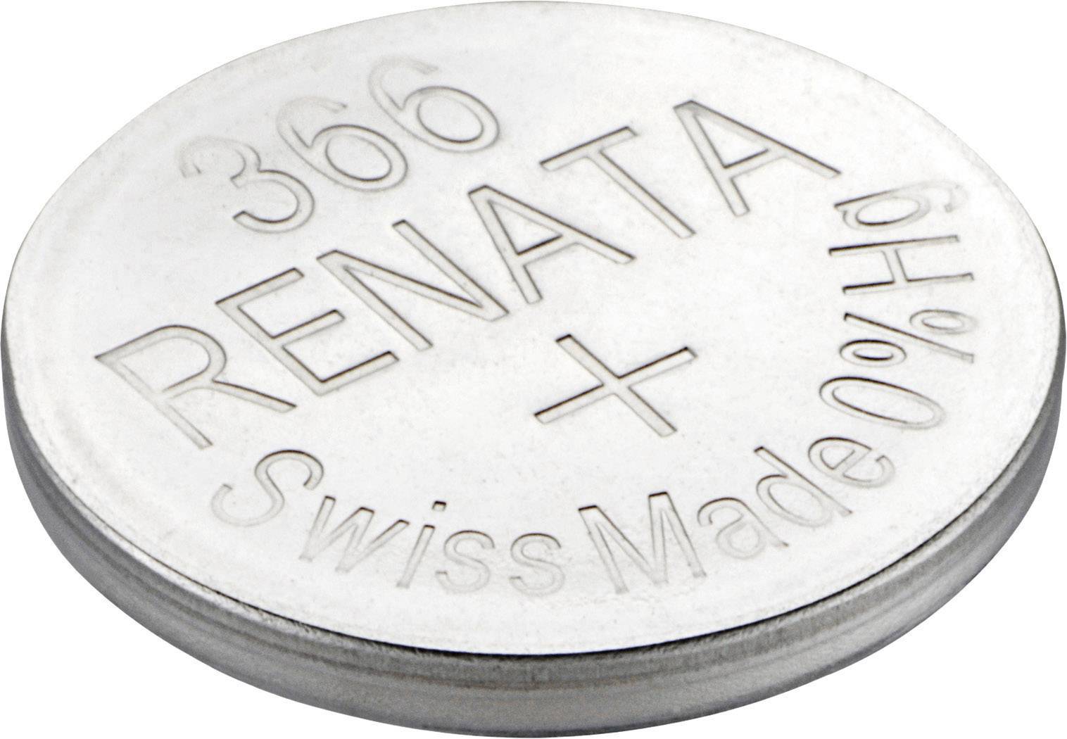 Gombíková batéria 'Renata 366', lesklý strieborný povrch, vytlačený nápis 'Swiss Made' a 'pH 0% Hg'.