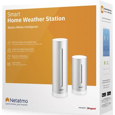 Obal 'Netatmo Smart Home Weather Station' zobrazuje súpravu s dvoma striebornými valcovými modulmi. Propagované sú funkcie ako meranie vnútorných a vonkajších údajov a monitorovanie kvality vzduchu.