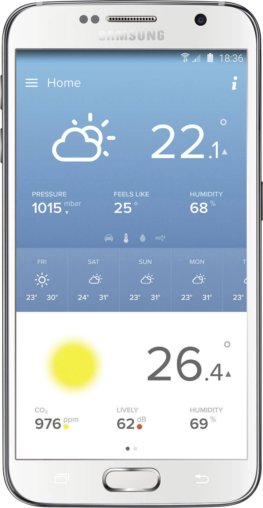 Smartfón s aplikáciou počasia: slnečný symbol, teplota 22,1°C, atmosférický tlak 1015 mbar, vlhkosť vzduchu 68 %, zobrazuje týždenné teploty.