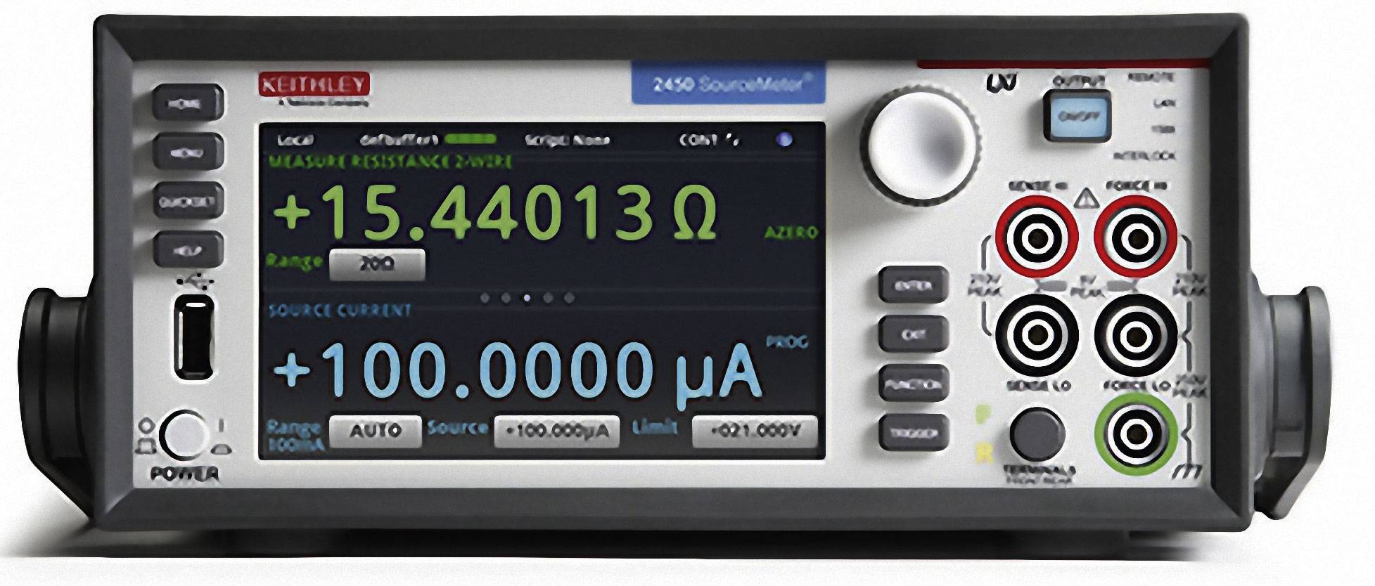 Digitálny multimeter zobrazuje meranie +15,44013 ohmov. Prístroj má niekoľko vstupov a ovládacích prvkov.