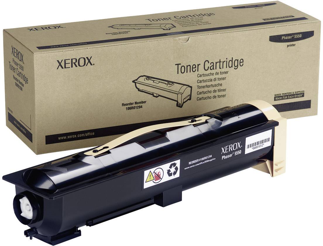 Tonerová kazeta Xerox vedľa svojho obalu. Obal zobrazuje model 'Phaser 5500'.