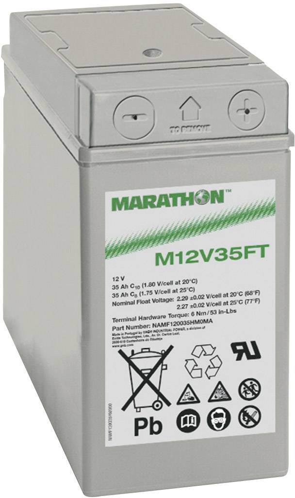 Batéria s nápisom 'MARATHON M12V35FT', 12V, 35 Ah. Symboly pre bezpečnosť, chemikálie a recykláciu.