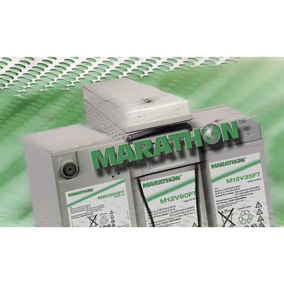 Tri autobatérie značky 'Marathon', model M6V200FT, M12V90FT a M12V35FT, pred zeleným štruktúrovaným pozadím.