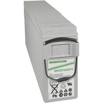 Sivá batéria s rukoväťou. Nálepka zobrazuje značku 'Marathon' a model 'M12V155FT'. Napätie: 12V, kapacita: 155 Ah. Symbol pre recykláciu.