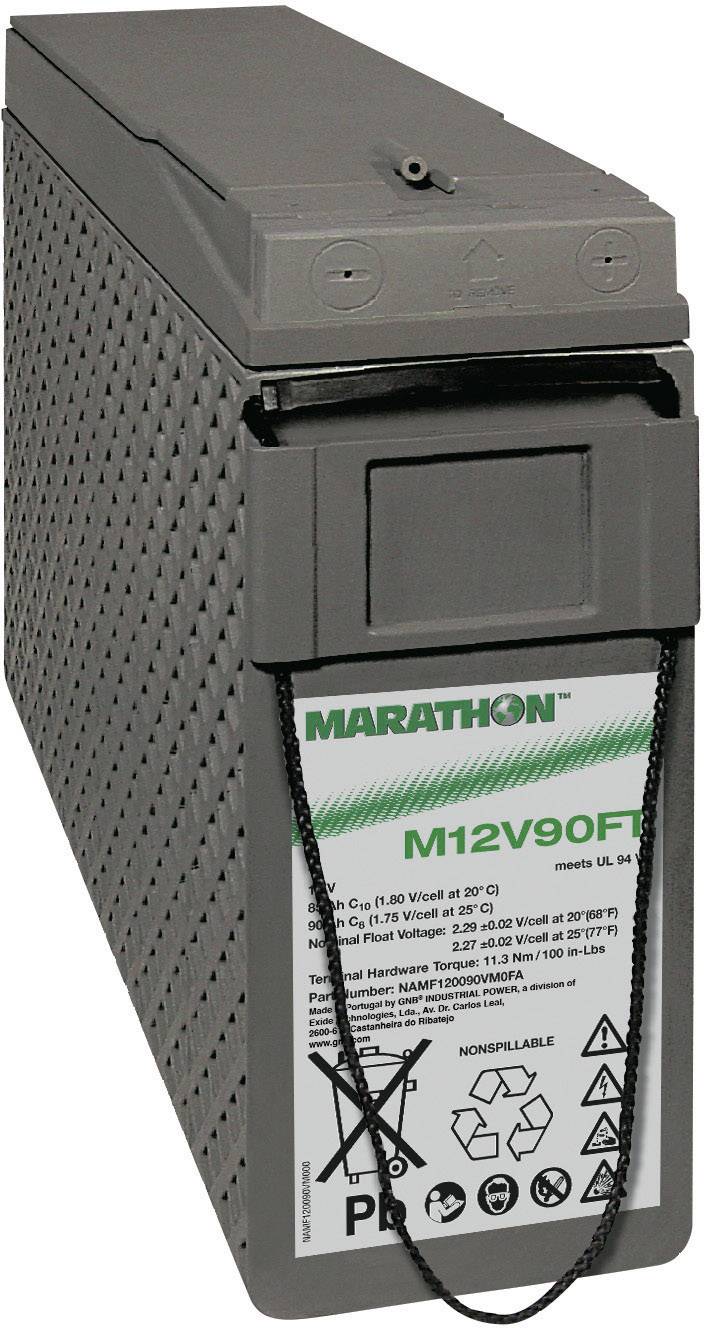 Batéria Marathon, model M12V90FT, 12 voltov, 90 Ah, so symbolom recyklácie a výstražnými upozorneniami.