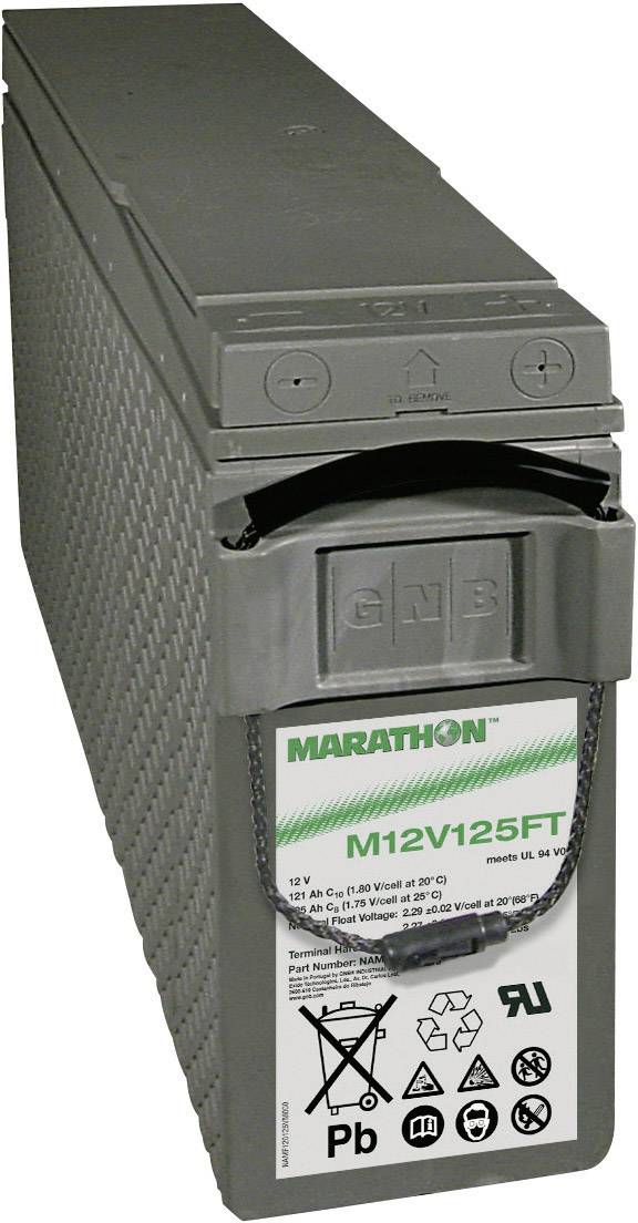Sivá batéria s nápisom 'Marathon M12V125FT', symboly recyklácie a výstražné upozornenia na prednej strane.