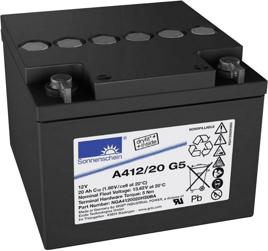'12V batéria, A412/20 G5 od Sonnenschein, neprelievateľná, 20Ah pri 20°C. Uťahovací moment svoriek: 6,5 Nm. Rozmery: 168x128x175 mm.'