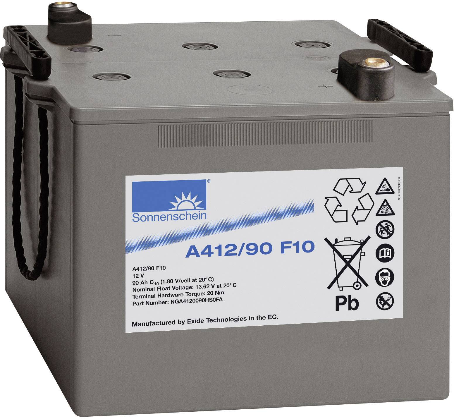 Batéria Sonnenschein, model A412/90 F10, 12V, 90Ah. Obsahuje výstražné symboly pre recykláciu a likvidáciu. Výrobca: Exide Technologies.