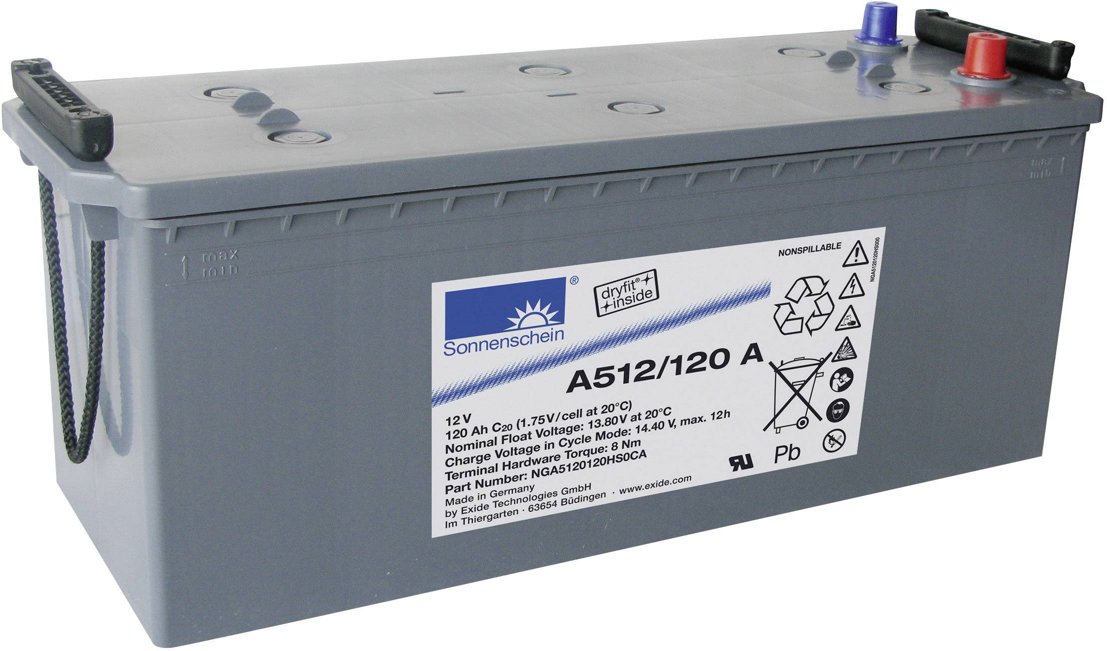 Batéria s 12 V, 120 Ah, s nápisom 'A512/120 A', s dvoma svorkami na vrchu, určená na napájanie energie v rôznych aplikáciách.