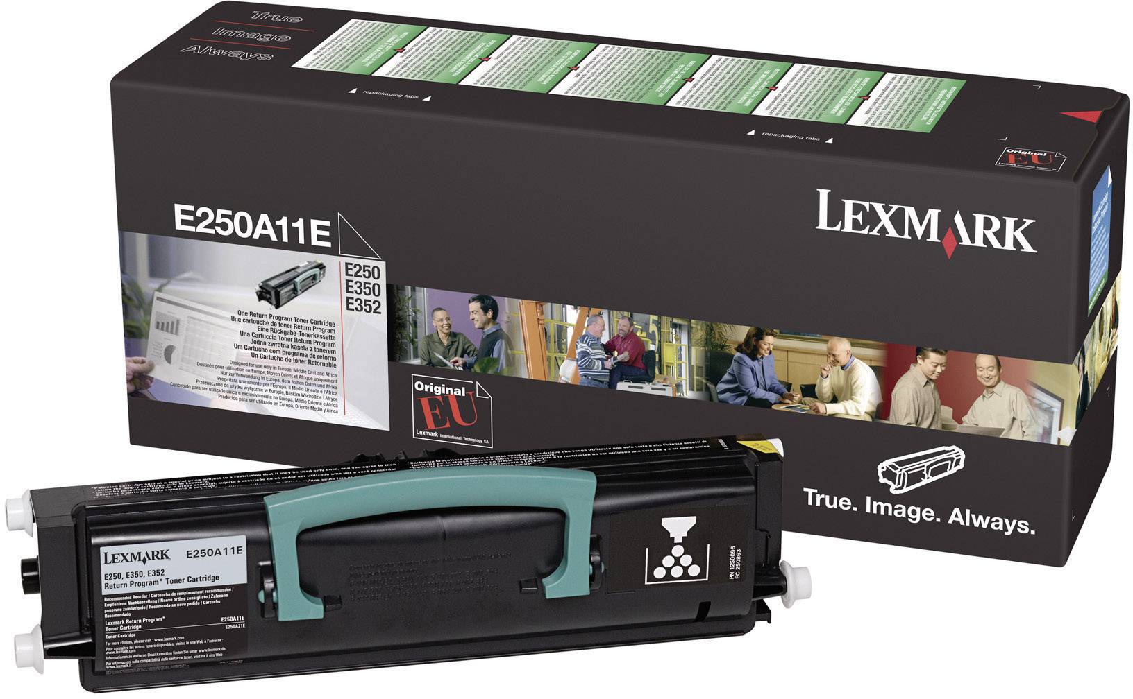 Atramentová kazeta 'Lexmark E250A11E' s obalom. Dizajn obalu zobrazuje detaily produktu, sériové označenie a ilustrácie pre firemné prostredie.