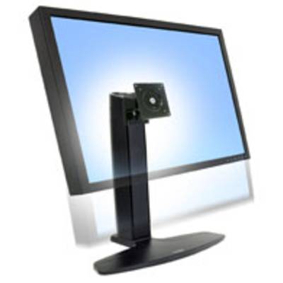 Moderný LCD monitor na nastaviteľnom stojane pred modrým pozadím, ktorý ukazuje flexibilitu v polohovaní obrazovky.