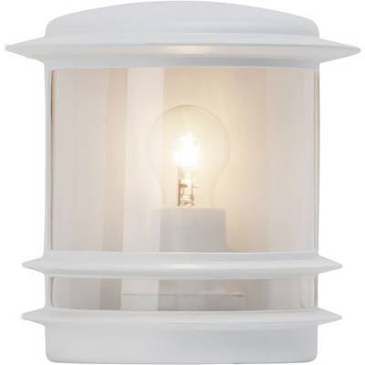 Biela nástenná lampa so viditeľnou žiarovkou za priehľadným krytom. Vhodná do moderných interiérov.