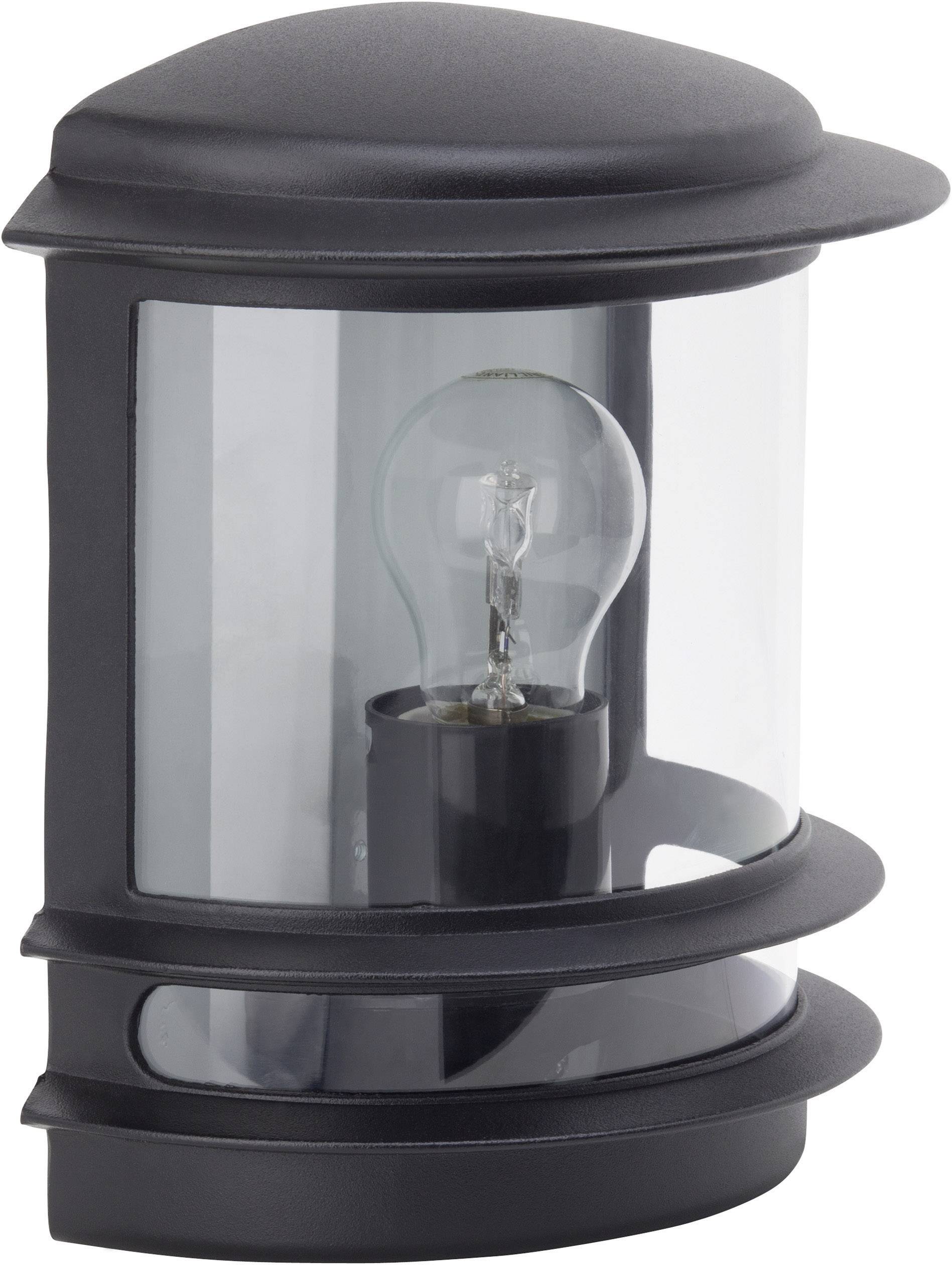 Čierne vonkajšie nástenné svietidlo so viditeľnou žiarovkou, vhodné pre použitie v exteriéri.