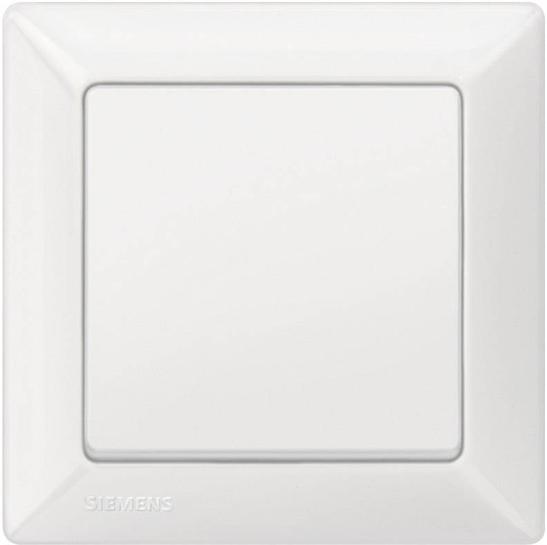 Biely vypínač so štvorcovým dizajnom. Značka v ľavom dolnom rohu.