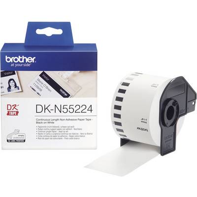 Štítková páska od Brother, model DK-N55224, nelepivá, čierna na bielom podklade, vedľa obalu zobrazená.