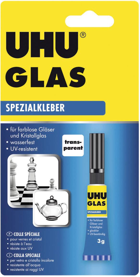 Balenie špeciálneho lepidla na sklo. Obsahuje 'UHU Glas', vodotesné a odolné voči UV žiareniu. Vhodné pre bezfarebné sklo a krištáľové sklo.