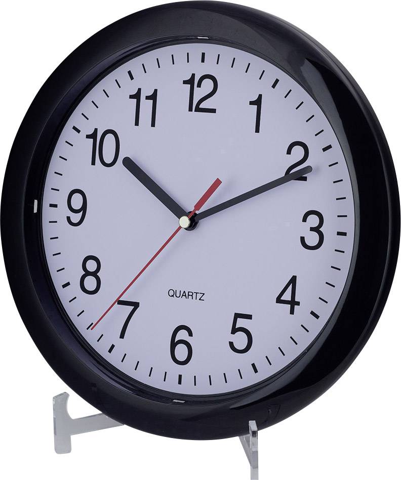 Okrúhle čierne hodiny ukazujú 10:09. Hodinová a minútová ručička sú čierne, sekundová ručička je červená.