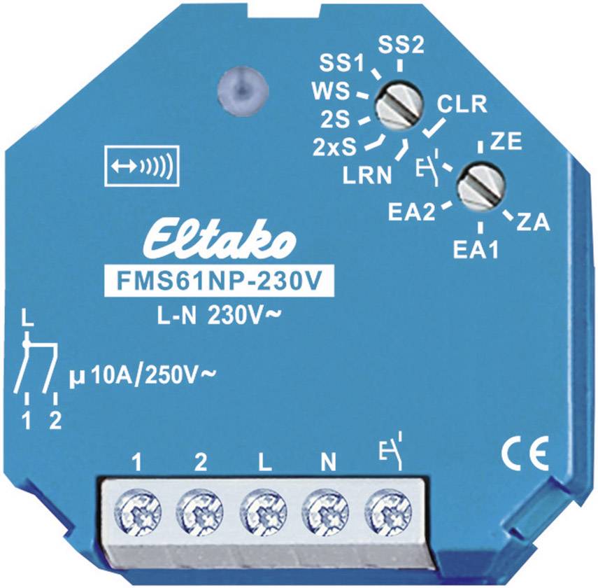 Modrý Eltako FMS61NP-230V rádiový aktor. Nápis: 'L-N 230V', 'µ10A/250V'. Viaceré pripojenia a prepínače na prednej strane.