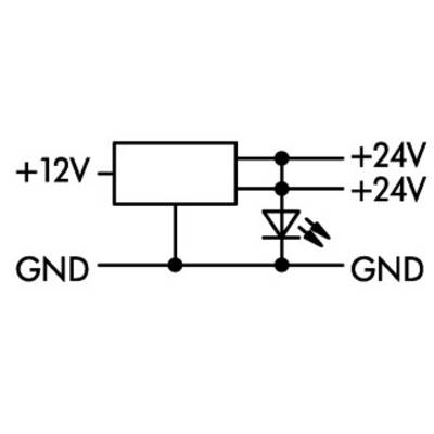 Elektrická schéma: Jeden vstup s +12V vedie do bloku, z ktorého vychádzajú dva výstupy s +24V. Dióda prepája oba body na zem (GND).