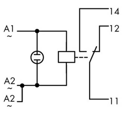 Schéma elektromotora s prípojkami A1, A2 a svorkami 11, 12, 14, znázorňuje elektrickú kabeláž a polohu spínača.