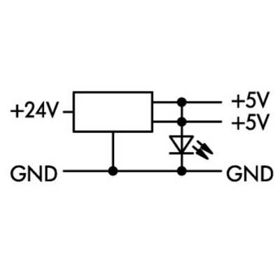 Schéma transformátora: Vstup '+24V', výstup '+5V' s dvoma paralelnými cestami; jedna obsahuje diódu. Pripojenia na 'GND'.
