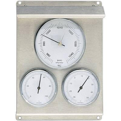 Ukazovateľ s tromi kruhovými stupnicami: hore barometer (hPa/mbar), dole vľavo hygrometer (% vlhkosti) a dole vpravo teplomer (°C).