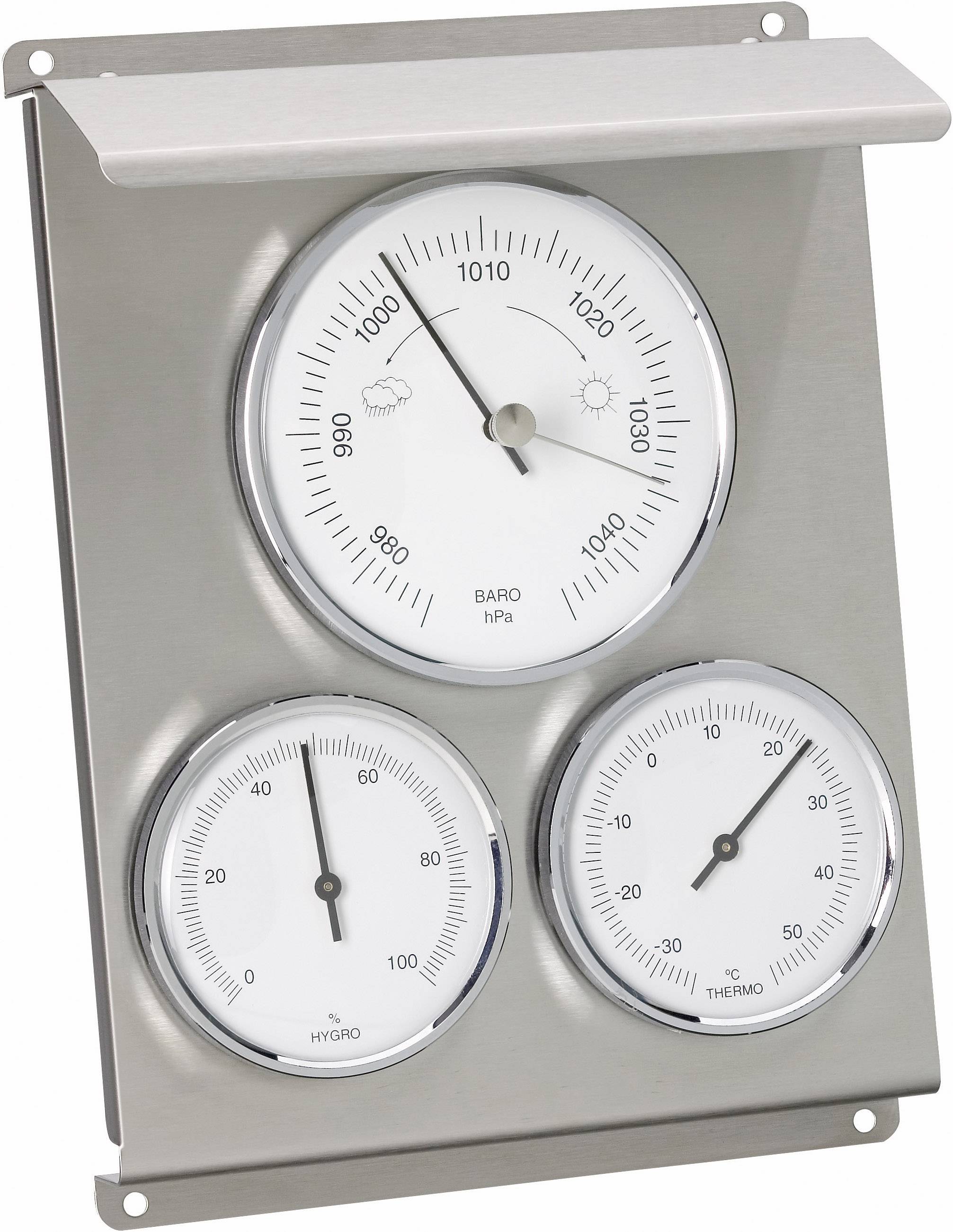 Strieborný panel meteorologickej stanice s tromi okrúhlymi displejmi: tlakomером hore, vlhkomerom dole vľavo a teplomerom dole vpravo.