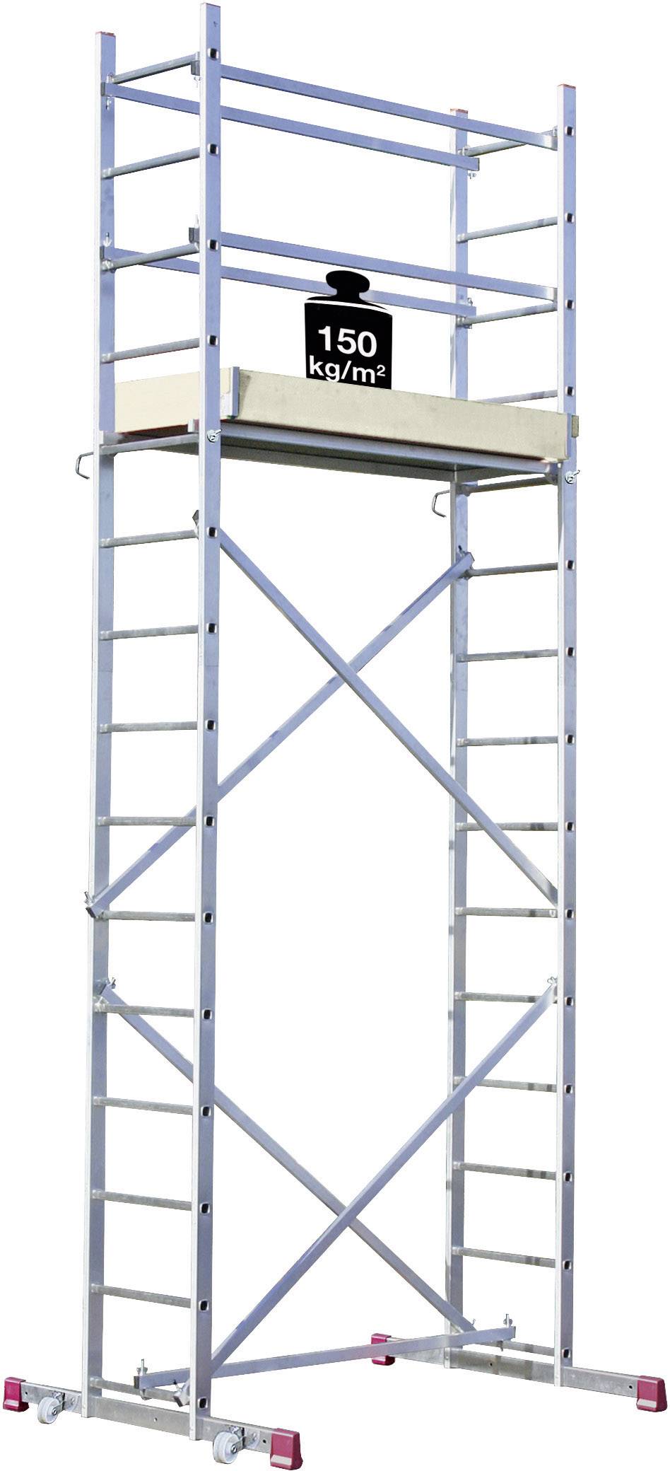 Hliníkové lešenie so stabilnou plošinou. Uvedené zaťaženie do 150 kg/m². Kolesá dole pre ľahký pohyb.