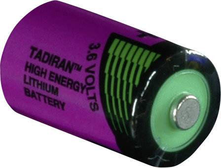 Lila batéria Tadiran s nápisom '3,6 V VYSOKO ENERGETICKÁ LÍTIOVÁ BATÉRIA', so zeleným kladným pólom a čiernym okrajom.