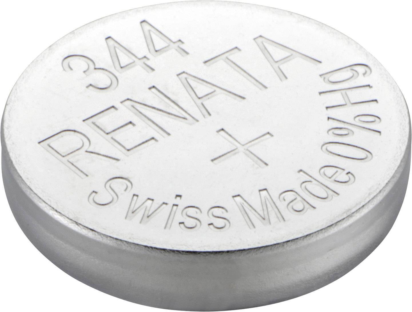 Strieborná gombíková batéria s nápisom '344', 'RENATA', 'Swiss Made'.