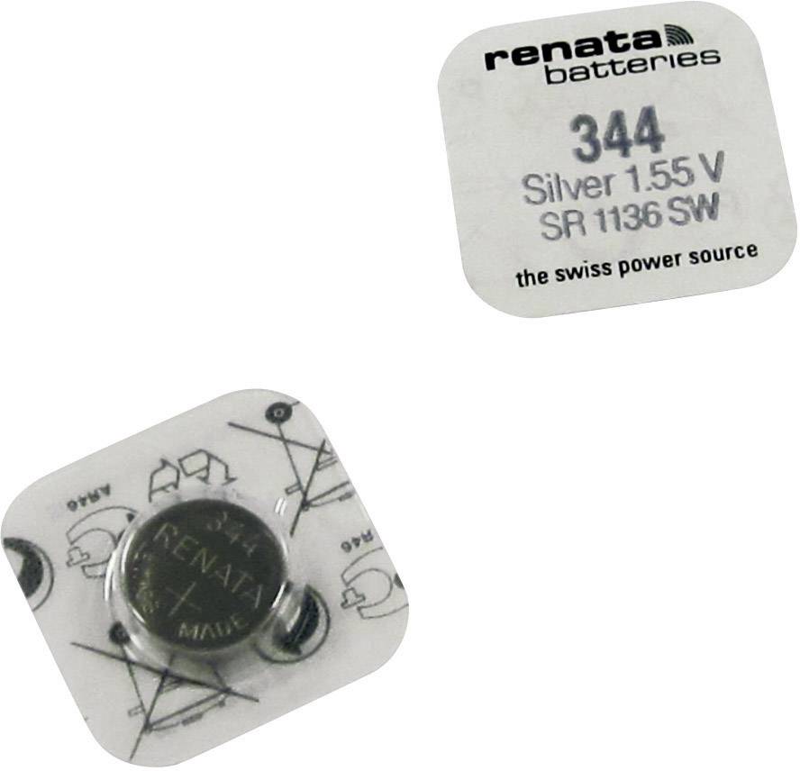 Batéria Renata 344 strieborná 1,55 V SR 1136 SW, balená v malej štvorcovej blistrovej krabičke.