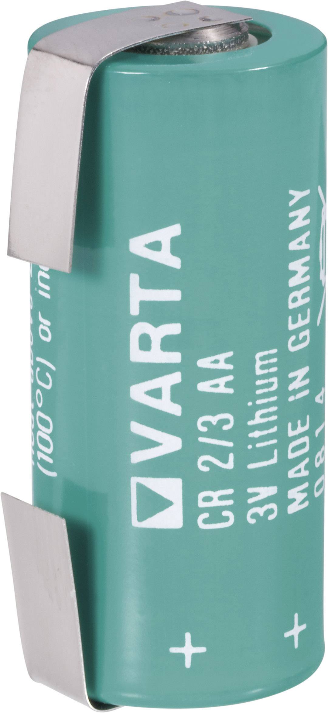 Zelená lítiová batéria značky VARTA, model CR 2/3 AA, s napätím 3V. Vyrobená v Nemecku.