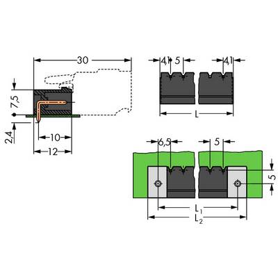 Technický výkres elektrického konektora s rozmermi v milimetroch. Dva pohľady zobrazujú dĺžku, šírku a výšku konektora.