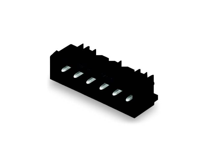 Čierny, obdĺžnikový elektronický konektor s piatimi striebornými pinmi, ktorý sa používa v elektronických zariadeniach.