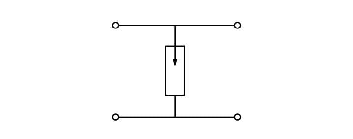 Elektrické spínacie symbol: Obdĺžnik so šípkou v strede, vertikálne orientovaný, čiary vedú ku štyrom bodom v rohoch.